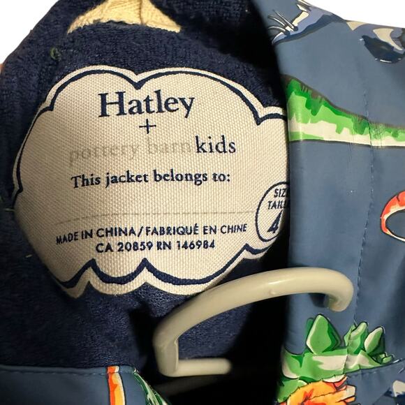 HATLEY Pottery Barn Kids Blue Fleece Lined Hooded Dinosaur Rain Coat Jacket 4 - Picture 6 of 6
